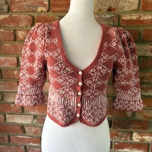 Free People Rust and Cream Patterned Knit Cardigan